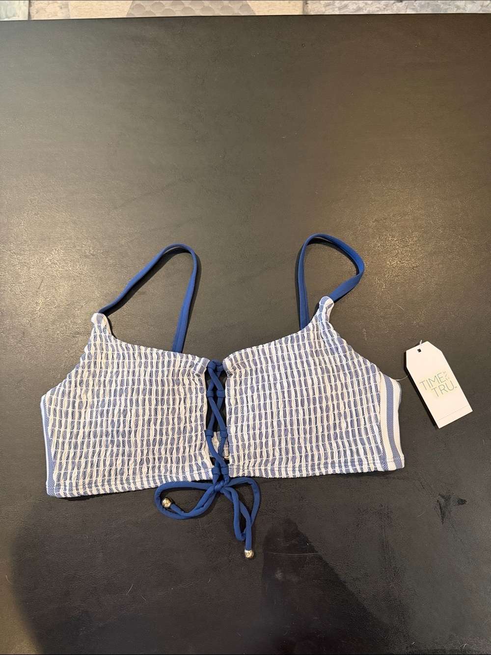 Time and Tru Blue and White Lace-Up Bikini Bralette